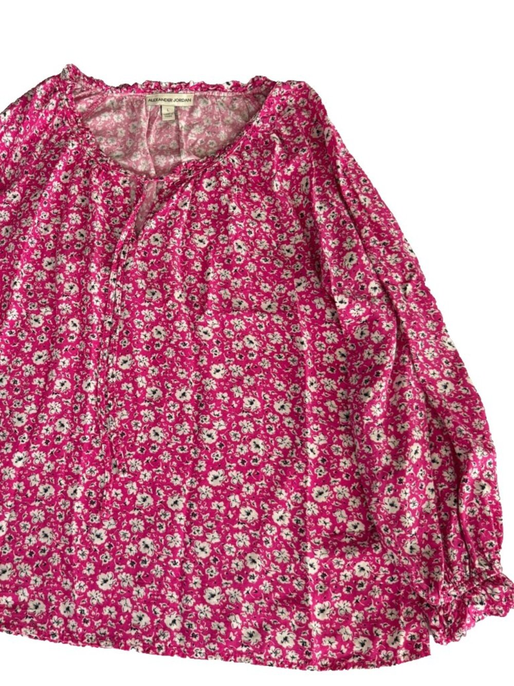 ALEXANDER JORDAN RUFFLE TOP WOMENS L PINK FLORAL LONG SLEEVE RAYON 44"x25.5"